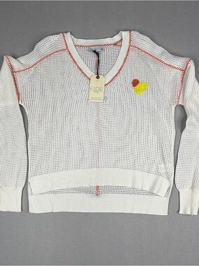 NWT ELLOR Open Knit Sweater Women M White Crochet Heart V Neck Coastal Boho